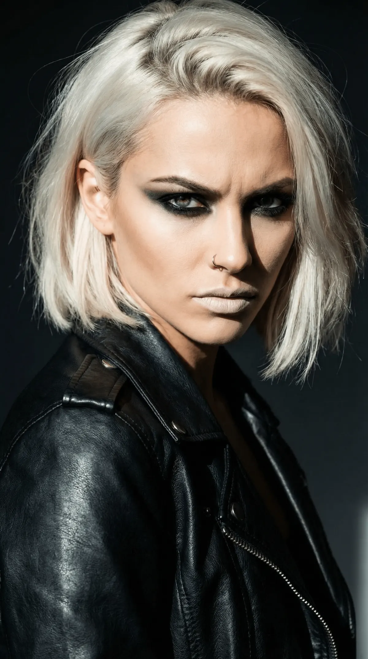 Промт рокерская студийная фотосессия девушки с платиновым пажем, smoky eyes и косухой в драматичном свете через ИИ