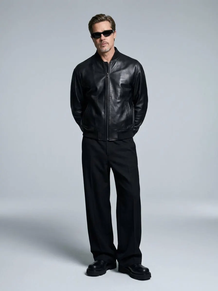 Промт для ИИ‑фотосессии в стиле total black: тот же человек в чёрной кожаной куртке на светло‑сером студийном фоне