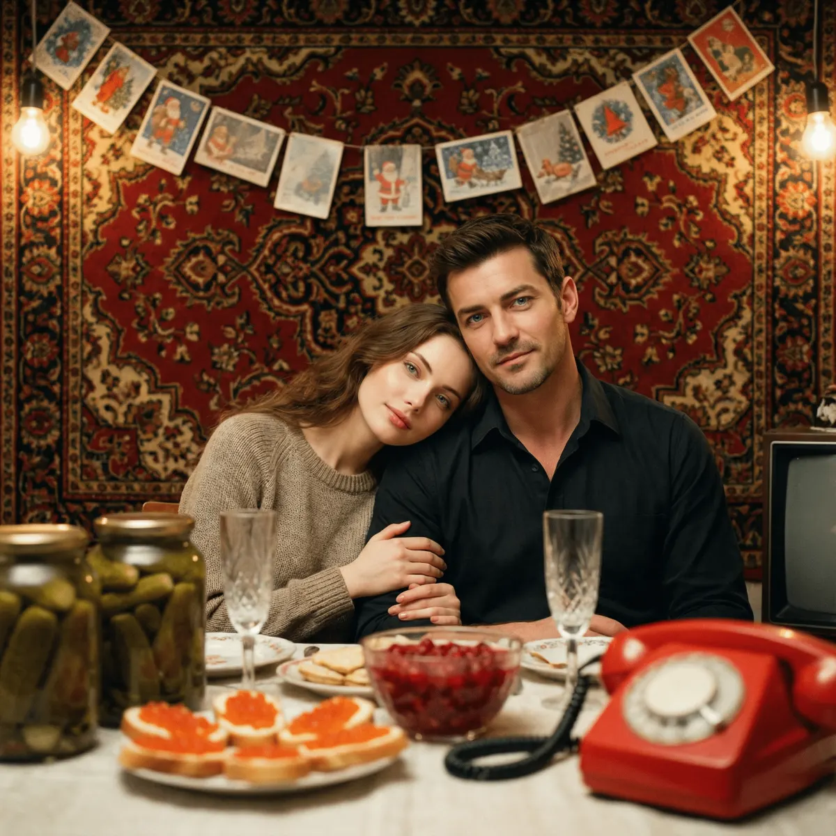 Советская новогодняя нейрофотосессия за праздничным столом с ковром и открытками — промт для генерации фото через ИИ по семейному фото