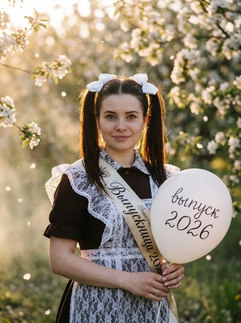 Выпускная фотосессия на яблоневой поляне — промт с шариком и лентой 2026