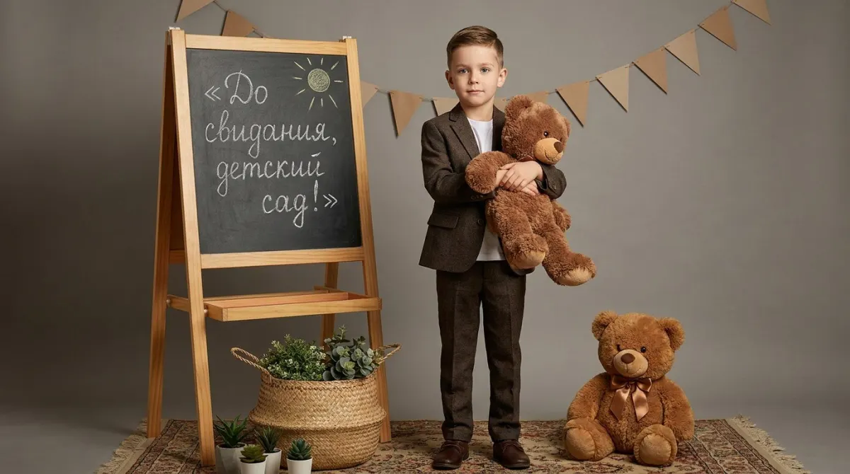 Промт для выпускного портрета мальчика из детского сада через ИИ — мальчик с мишкой и надписью «До свидания, детский сад!»