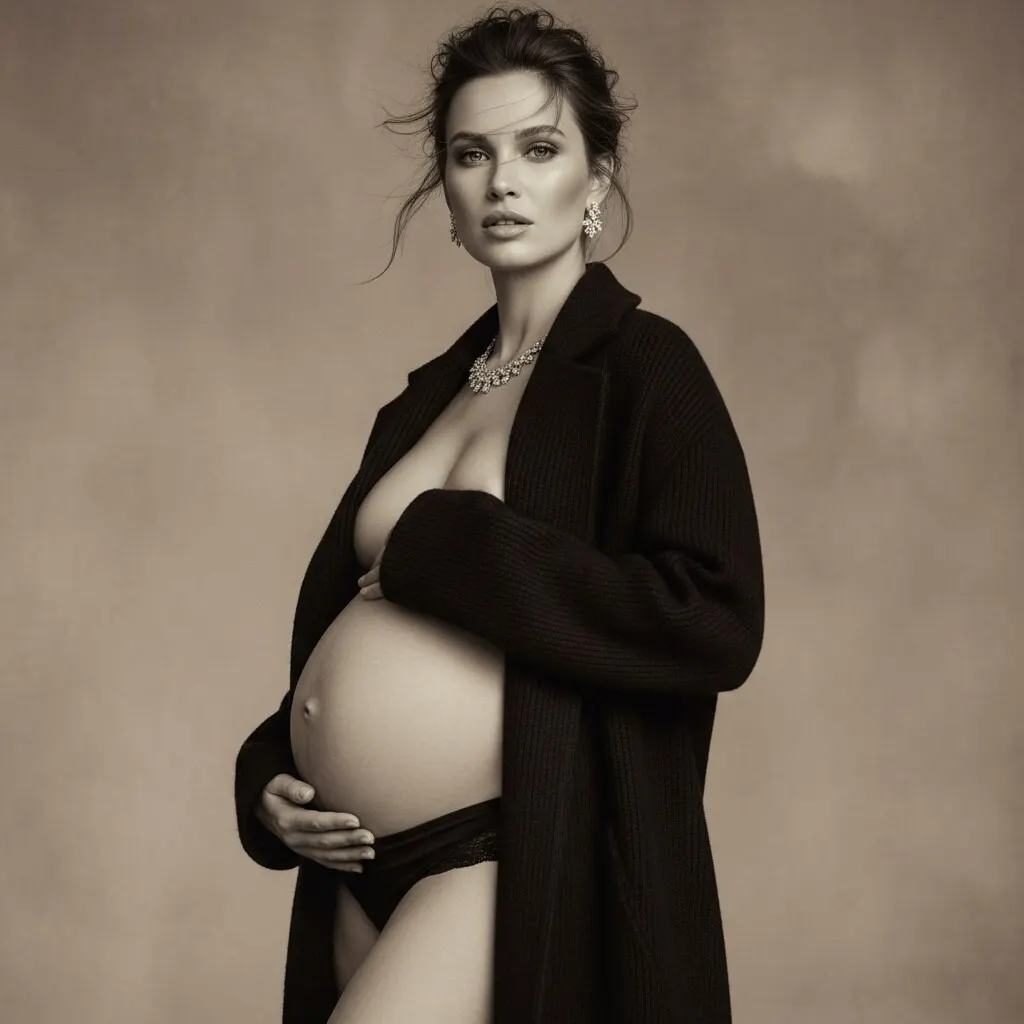 High fashion фотосессия беременной в чёрном пальто в студии промт для нейросети