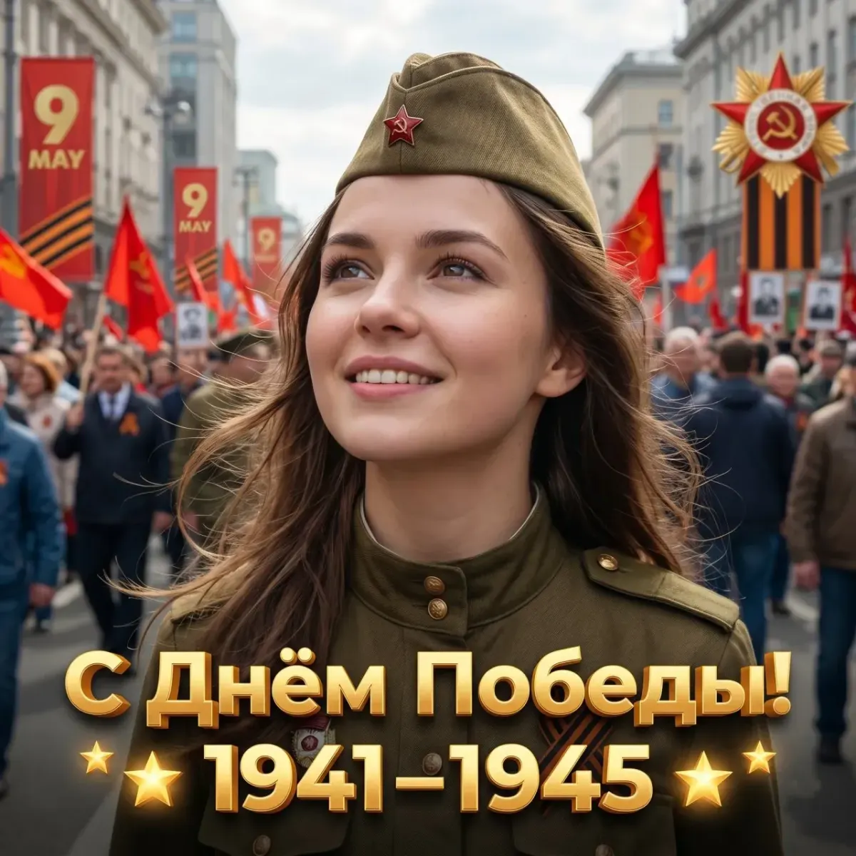 Промт: Фотосессия с вашим лицом 9 мая девушка в пилотке на праздничном шествии