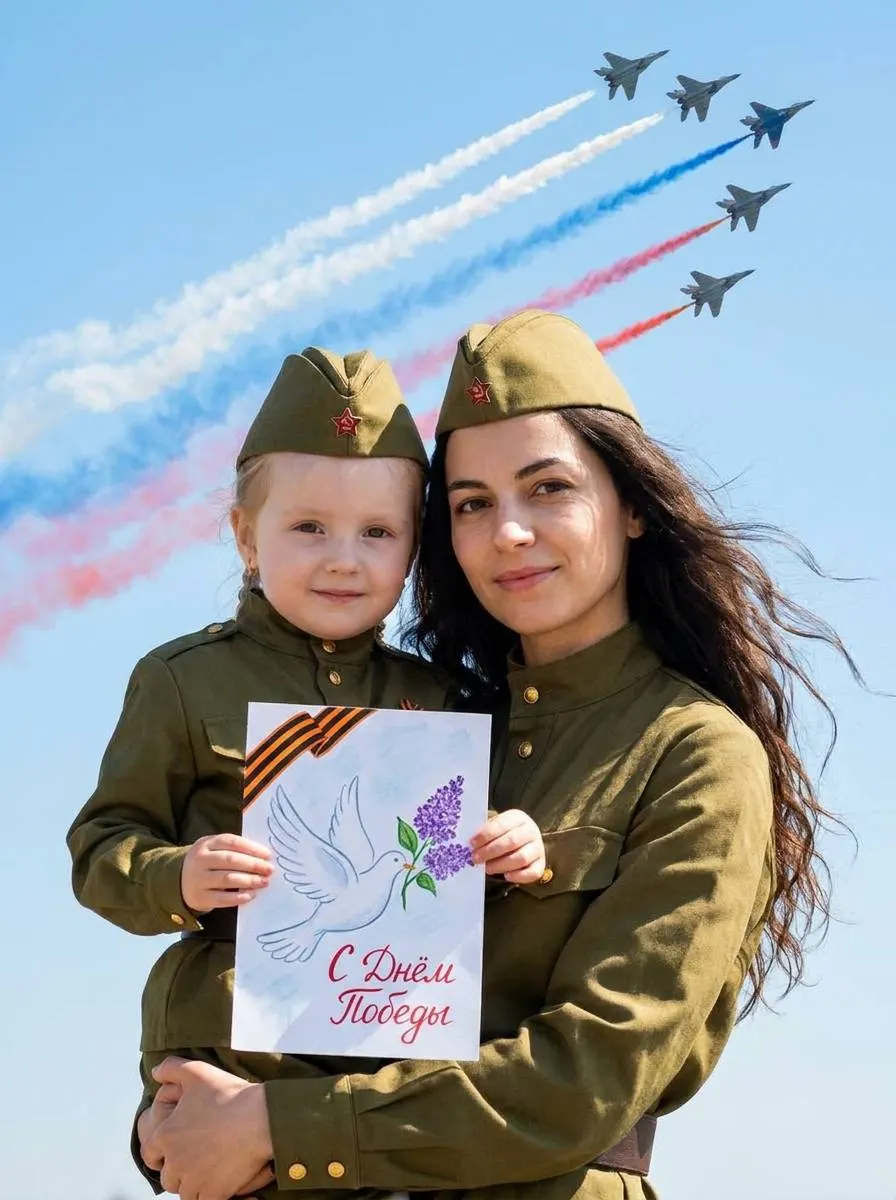 Промт: Женщина и девочка в военной форме с рисунком голубя и сирени на фоне истребителей ко Дню Победы 9 мая