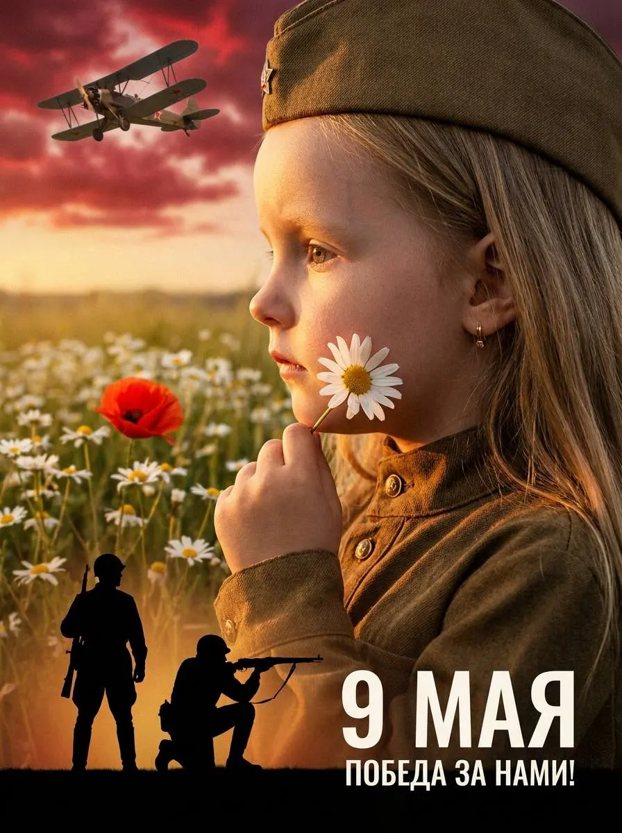 Промт: Ребенок в военной форме держит ромашку на фоне поля с солдатами и бипланом ко Дню Победы 9 мая