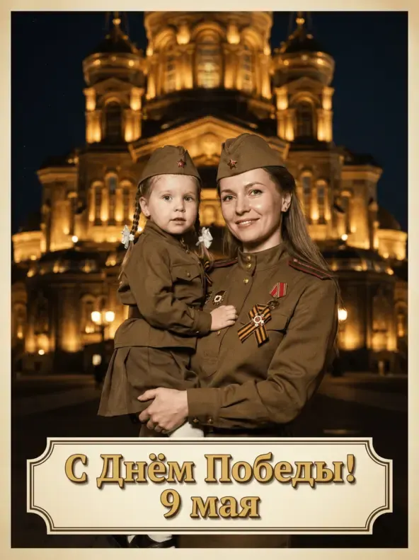 Промт винтажная открытка ко Дню Победы с мамой и дочкой в военной форме у Главного храма Вооружённых Сил РФ