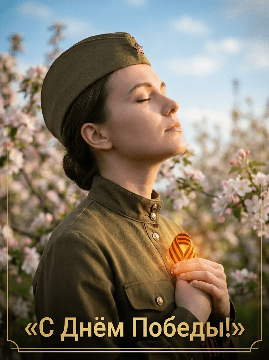 Промт винтажная открытка ко Дню Победы с девушкой в военной форме и георгиевской лентой в цветущем яблоневом саду