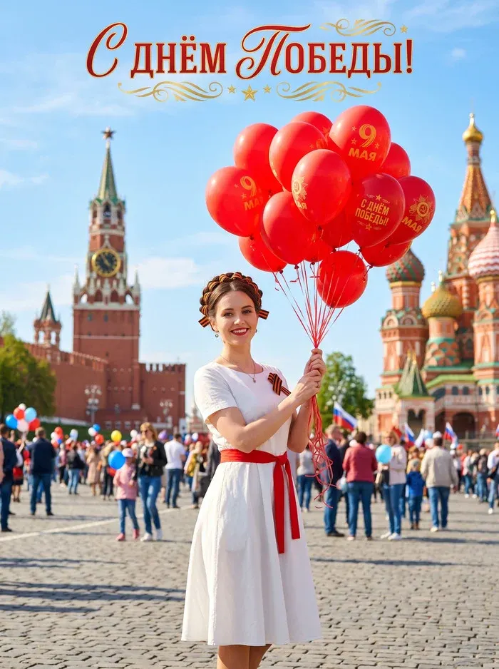 Промт: Фотосессия с вашим лицом 9 мая на Красной площади с воздушными шарами