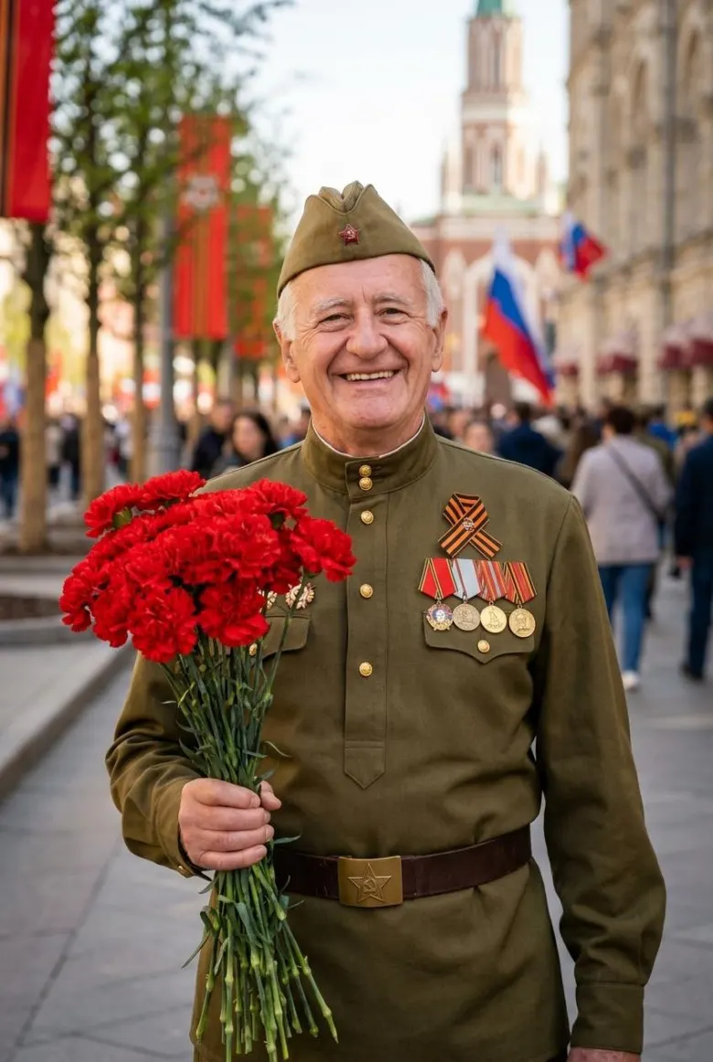 Промт на 9 мая: Пожилой ветеран в орденах на золотом фоне