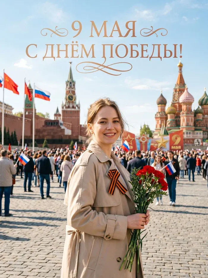 Промт: Фотосессия с вашим лицом 9 мая на фоне Красной площади с гвоздиками