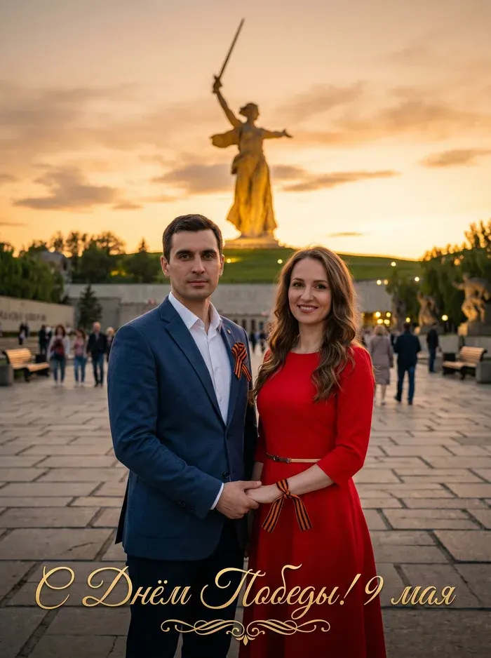 Промт: Фотосессия с вашим лицом 9 мая у монумента Родина-мать в Волгограде