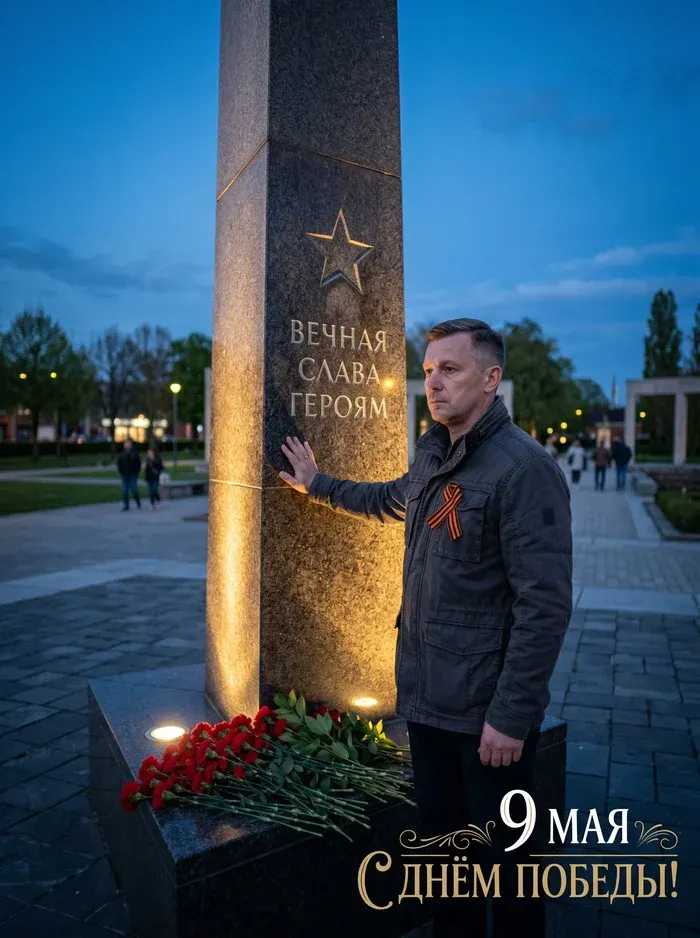 Промт: Фотосессия с вашим лицом День Победы у обелиска с гвоздиками