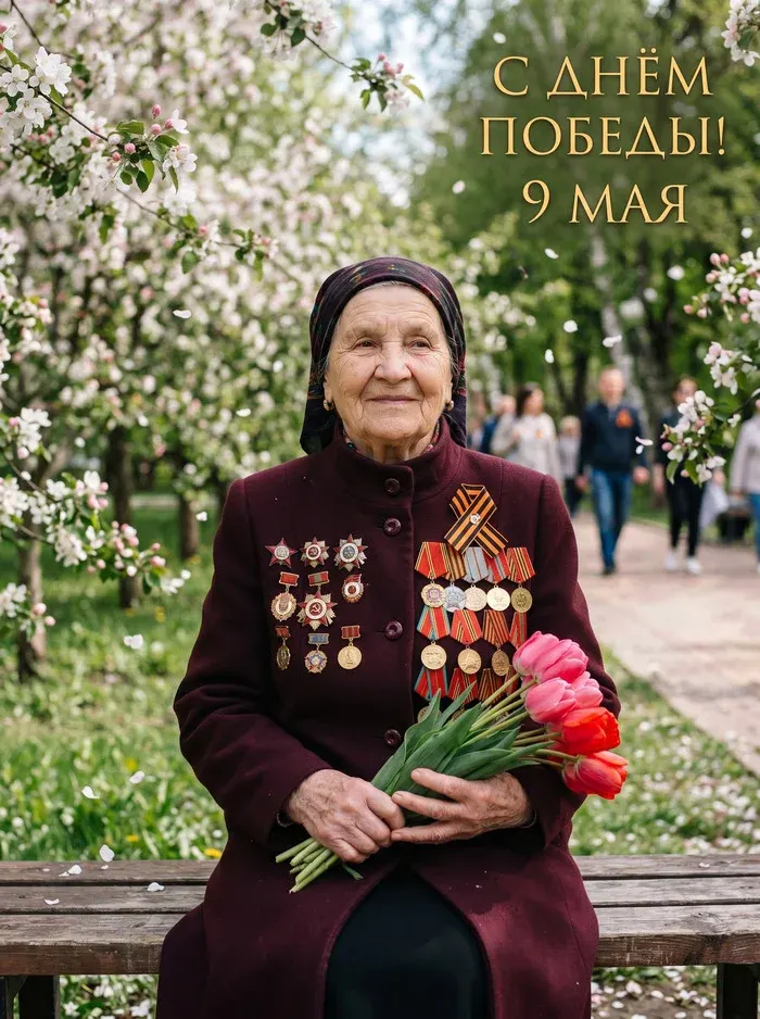 Промт: Фотосессия с вашим лицом 9 мая ветеран в парке с тюльпанами