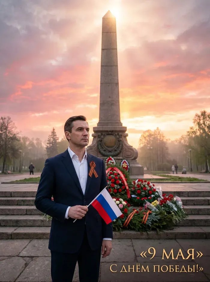 Промт: Фотосессия с вашим лицом День Победы у обелиска на рассвете с флагом