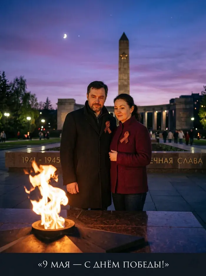 Промт: Фотосессия с вашим лицом 9 мая пара у Вечного огня в сумерках