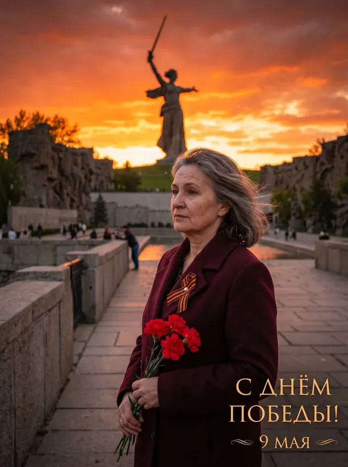 Промт: Фотосессия с вашим лицом 9 мая на Мамаевом кургане у монумента Родина-мать