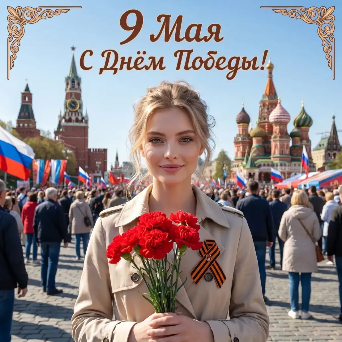 Промт: Фотосессия с вашим лицом 9 мая на Красной площади в тренче с гвоздиками