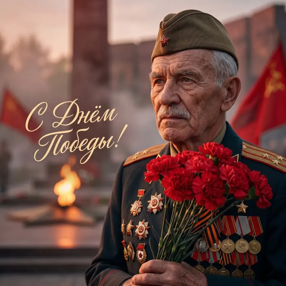 Промт: Фотосессия с вашим лицом День Победы пожилой ветеран с орденами и гвоздиками