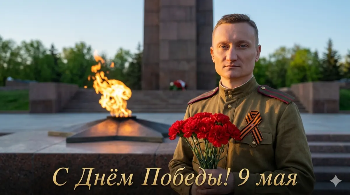 Промт ко Дню победы: Человек у Вечного огня в форме РККА с гвоздиками