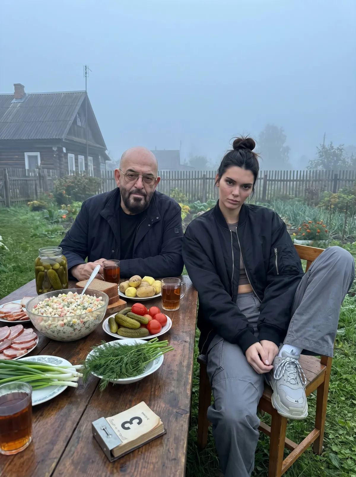 Промт фотосессия с вами и Михаилом Шуфутинским за деревенским столом с календарём на 3