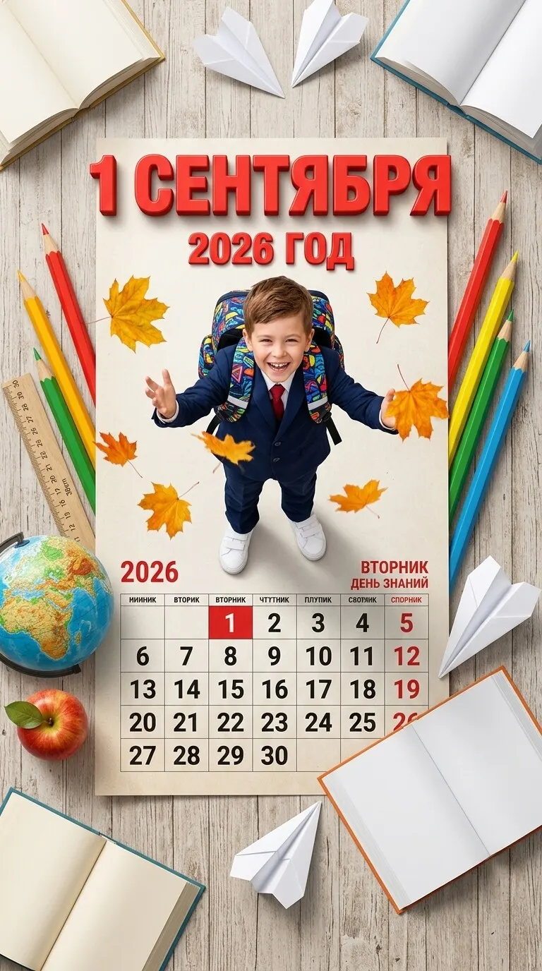 Промт: Фотосессия — мальчик на календаре с надписью «1 СЕНТЯБРЯ 2026» подбрасывает листья