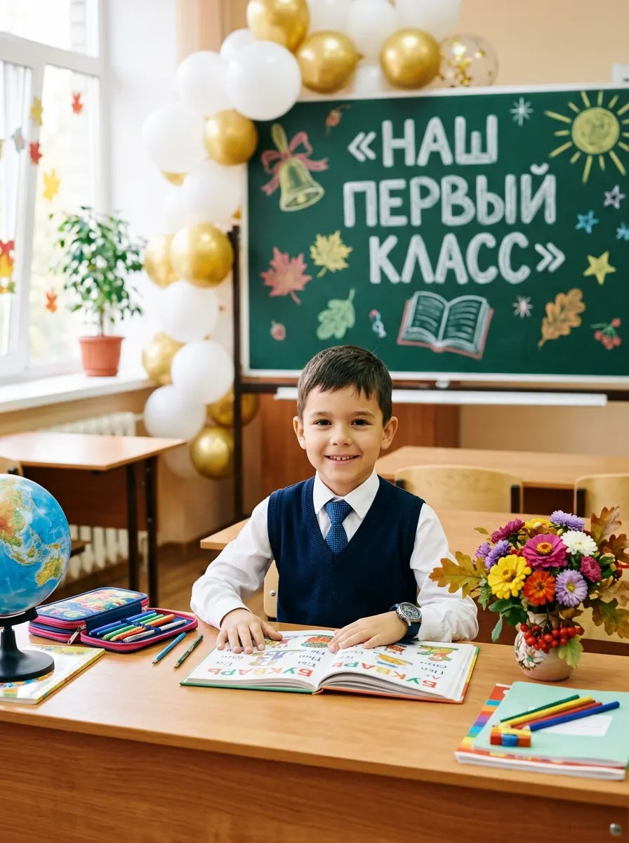 Промт: Фотосессия с вашим ребёнком — мальчик за первой партой в классе с доской «Наш первый класс» и букетом