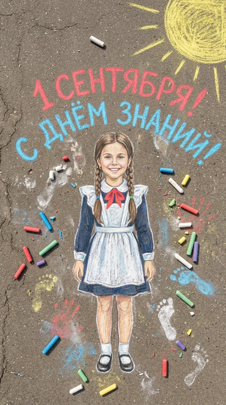 Промт: фотосессия с вашим ребёнком на 1 сентября — рисунок мелками на асфальте с надписями «1 сентября» и «С днём знаний»