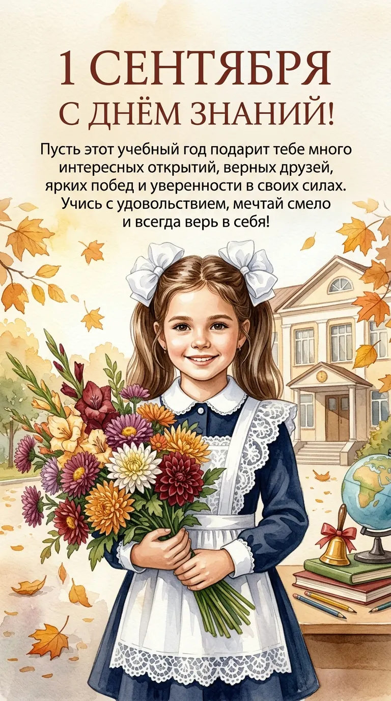 Промт акварельная открытка к 1 сентября с ребёнком, букетом и поздравлением через ИИ