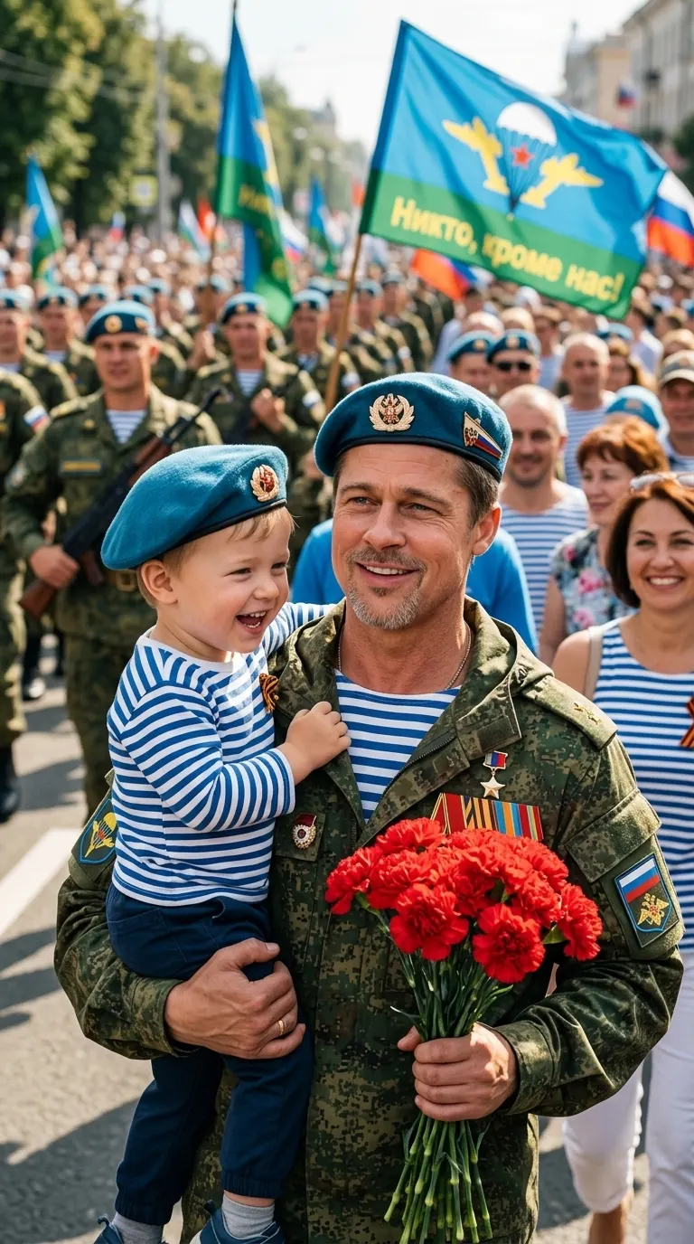 Промт ко Дню ВДВ: отец с ребёнком на праздничном шествии