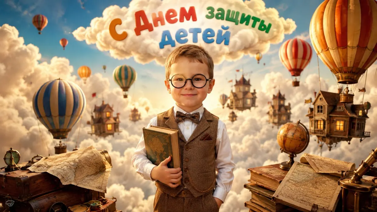 Промт с мальчиком в очках и книге в мире облаков ко Дню защиты детей горизонтальное фото