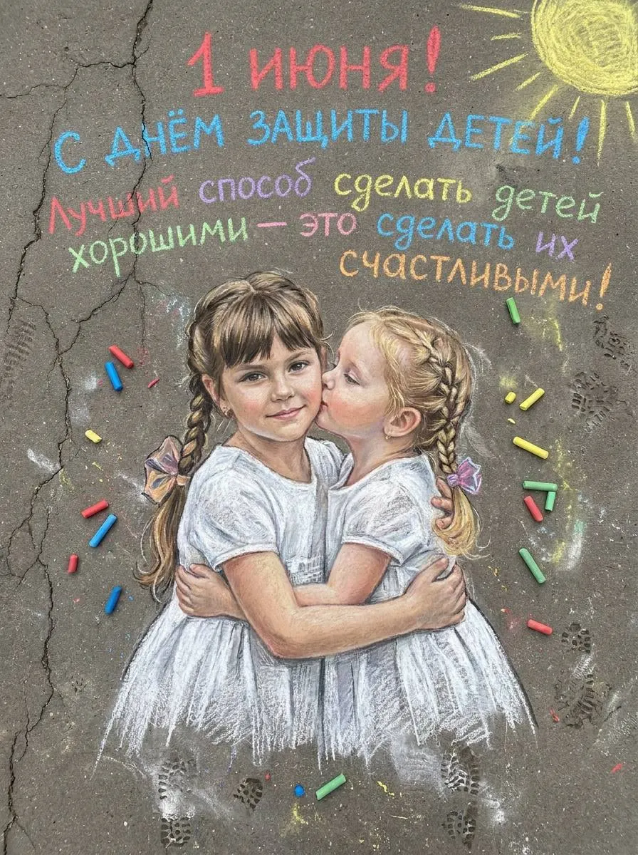 Промт: рисунок мелом на асфальте к 1 июня с двумя девочками в белых платьях с косичками сверху