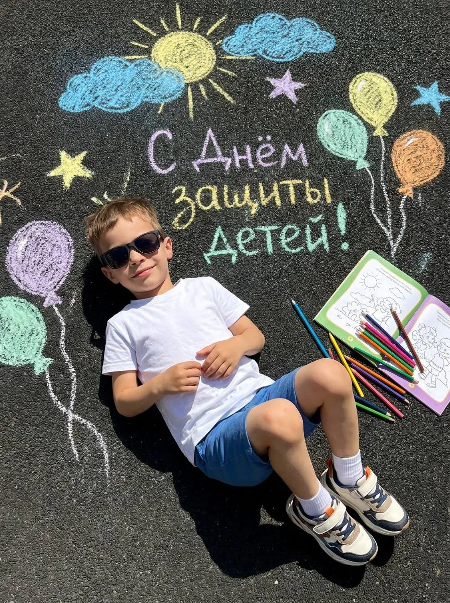 Промт: Ребёнок лежишь на асфальте с мелками «С Днём защиты детей!» — ИИ фотосессия сверху