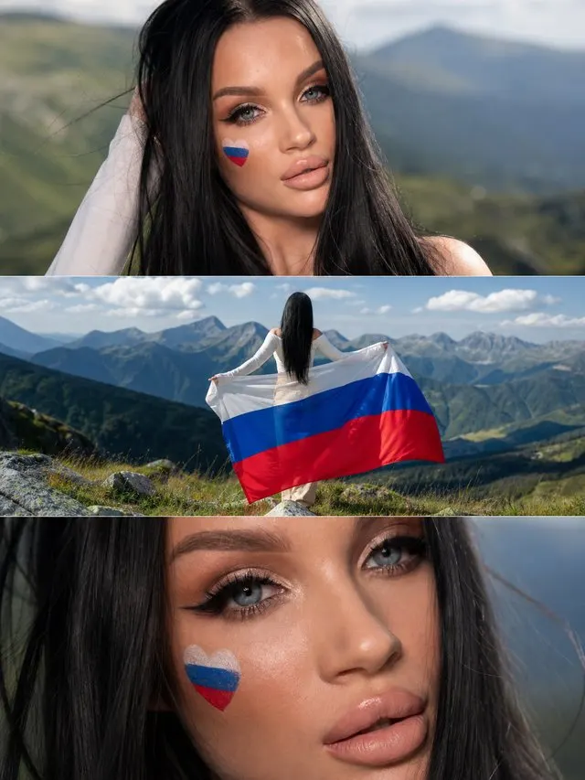 Промт для генерации трёхпанельной патриотической фотосессии летом с женщиной и флагом России