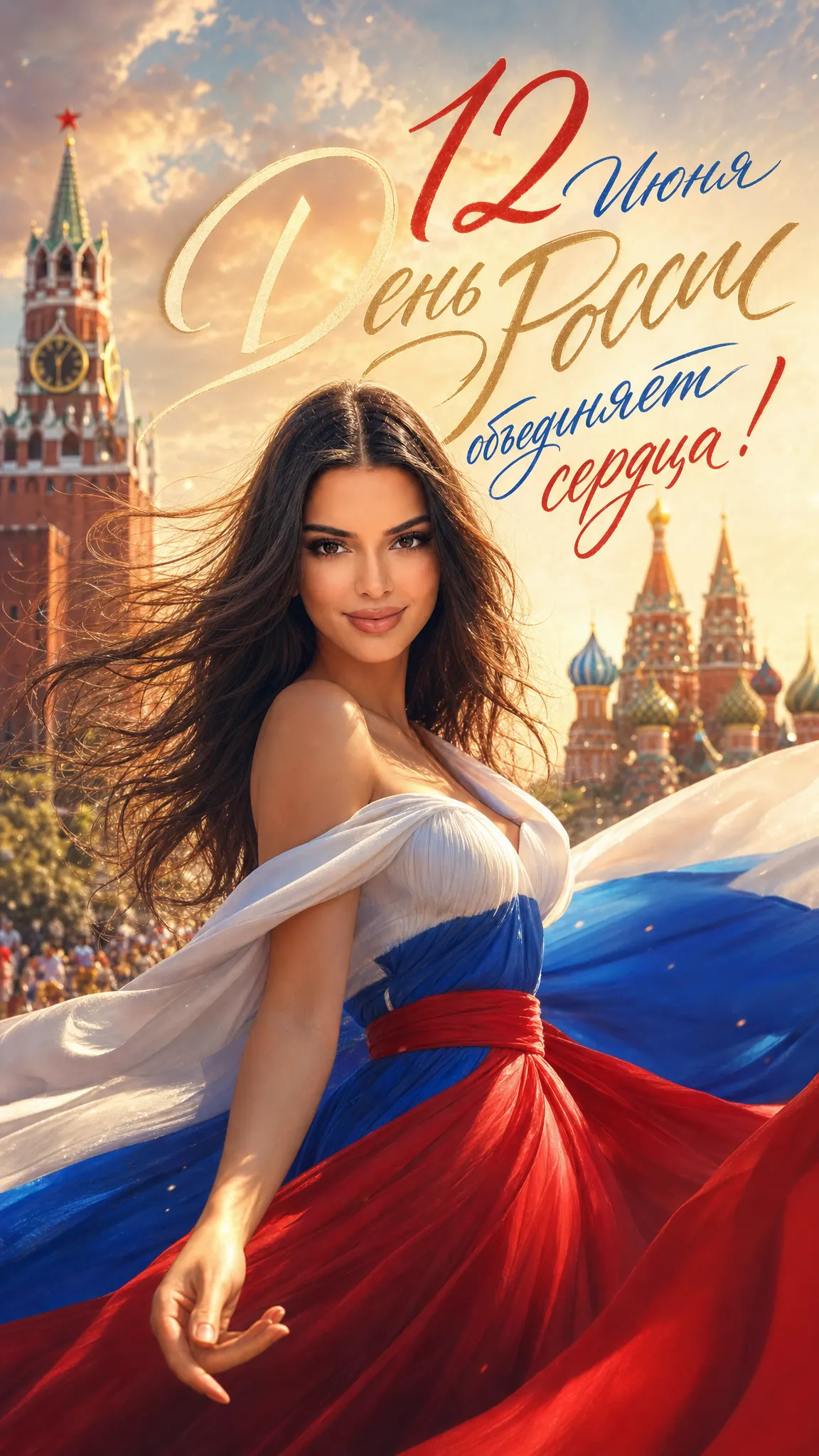 Промт для генерации премиум открытки 12 Июня День России с патриотичной героиней в платье цветов флага