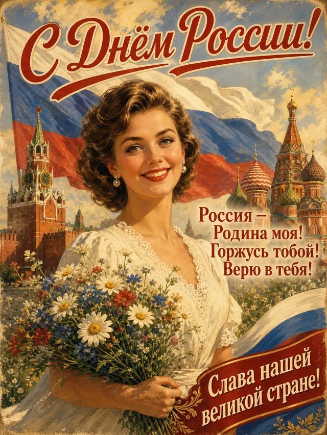 Промт для генерации открытки С Днём России с женщиной в стиле советского плаката