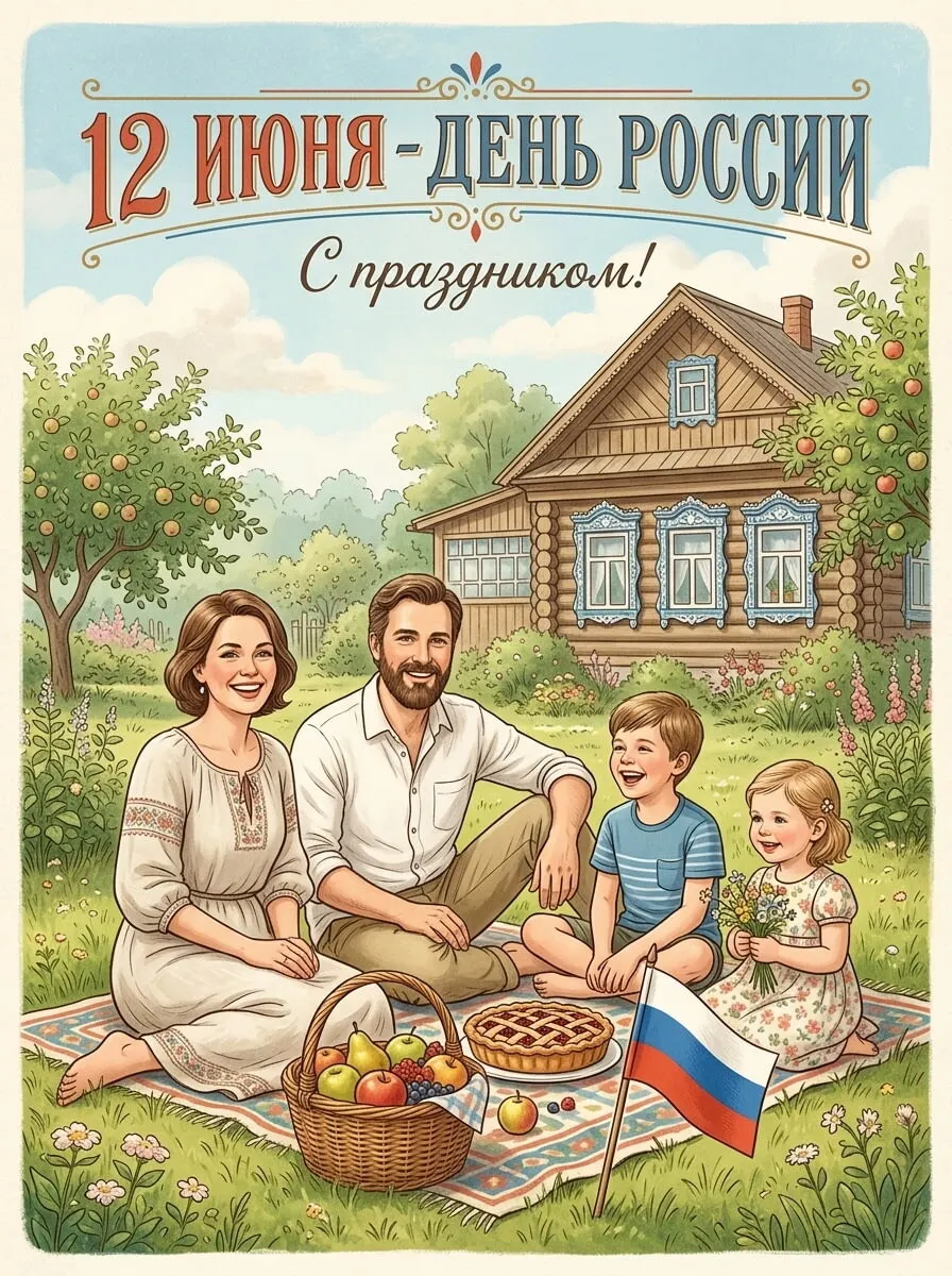 Промт для тёплой иллюстративной открытки ко Дню России с семьёй на даче