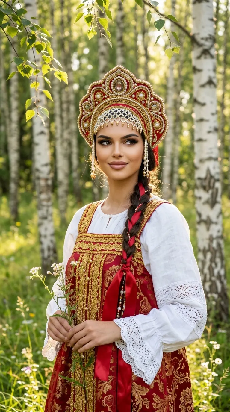 Промт для фото молодой женщины в русском народном образе в берёзовой роще в День России