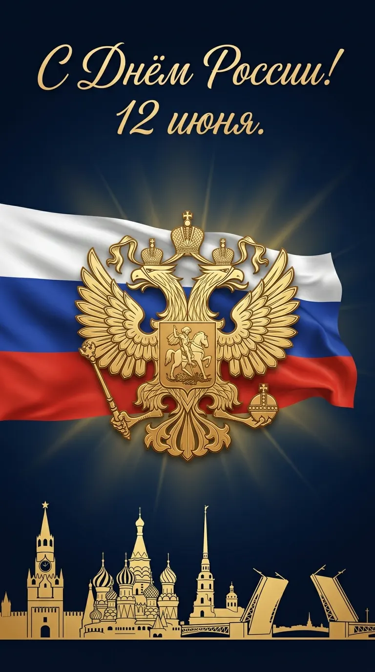 Промт для создания поздравительной открытки ко Дню России с гербом и триколором
