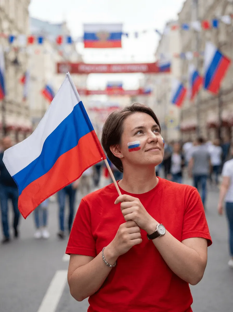 Промт «День России — репортаж по грудь с маленьким флагом и полоской триколора на щеке»