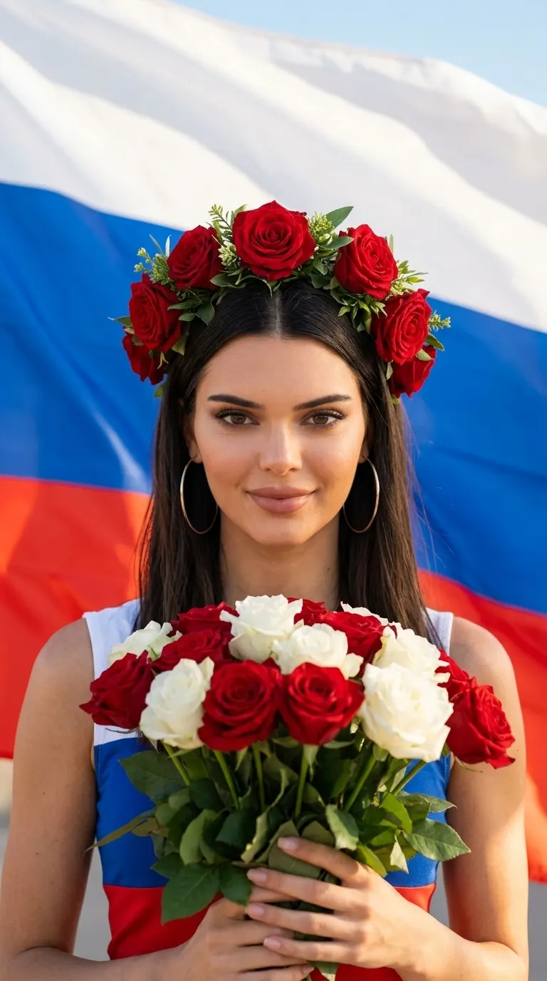Промт «День России — праздничный портрет по грудь с венком из роз и букетом перед флагом»