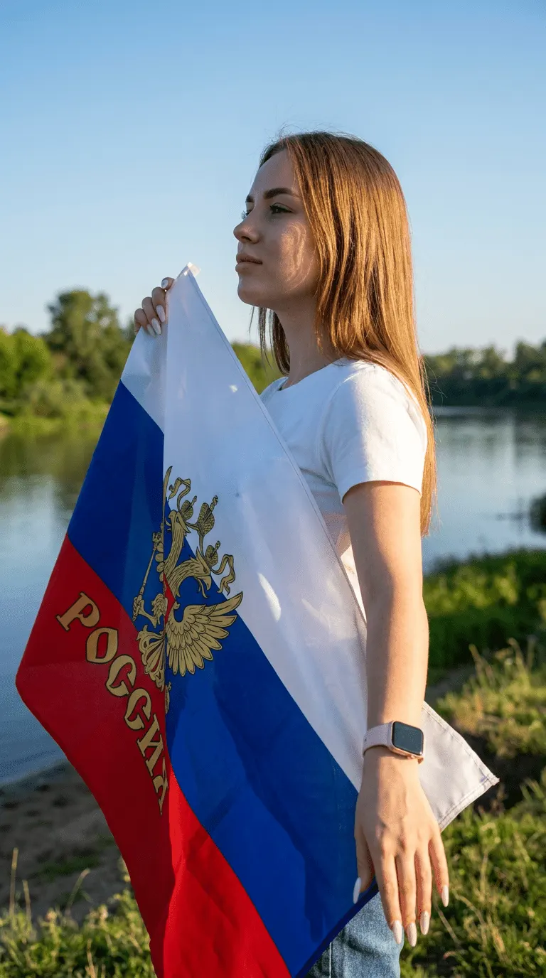 Промт «День России — портрет в три четверти с большим флагом на берегу реки»