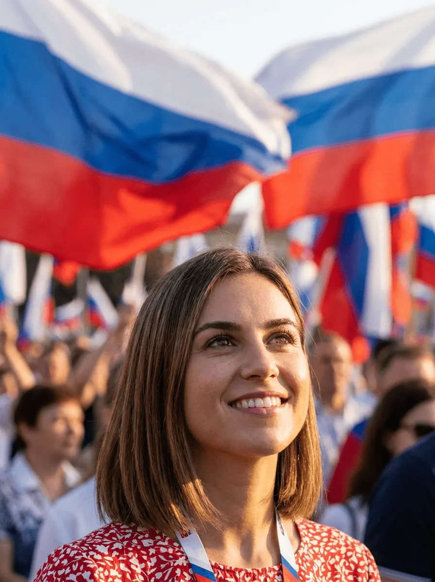 Промт «День России — крупный портрет на патриотическом митинге с флагами»