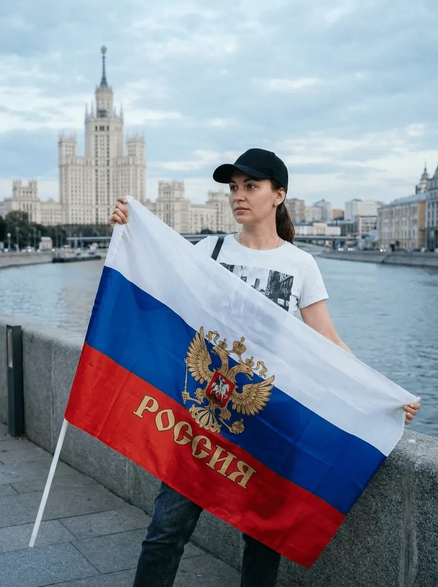 Промт «День России — фотосессия с флагом на набережной»
