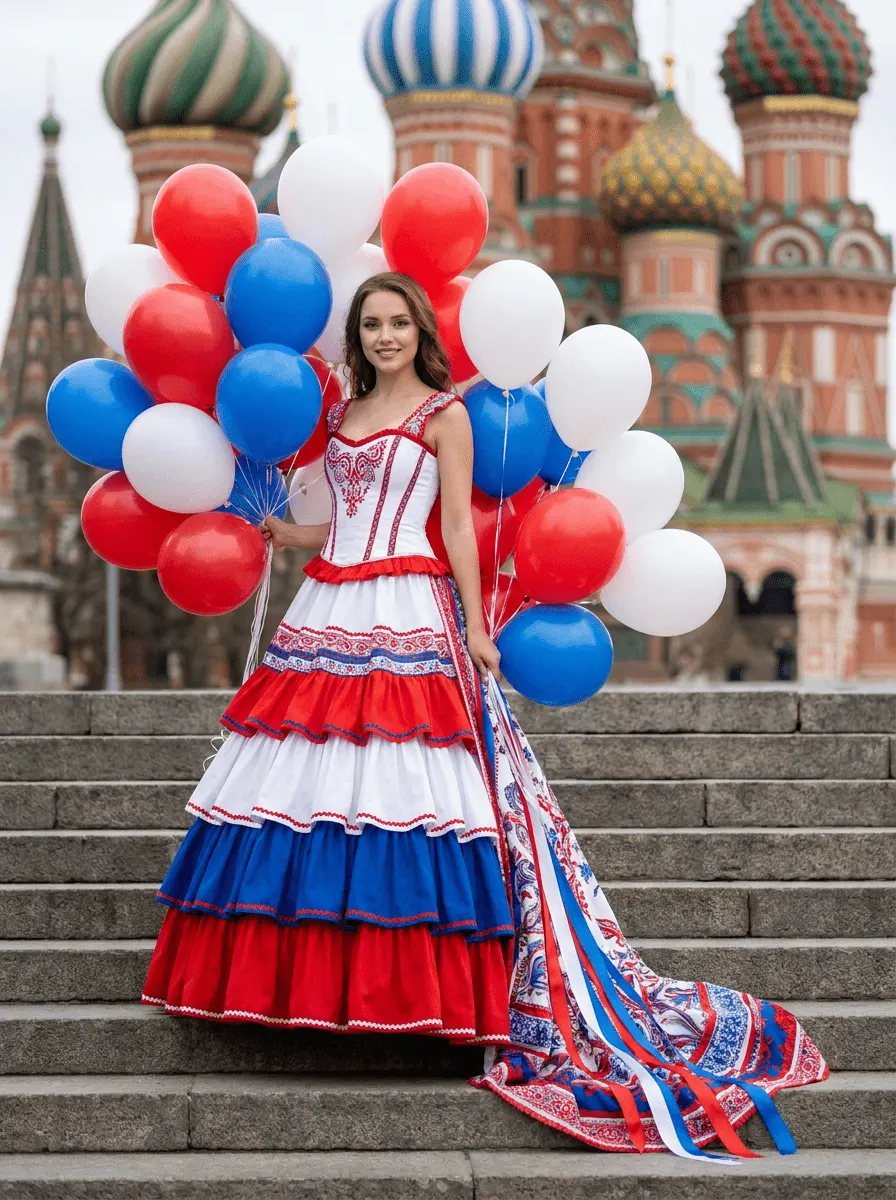 Промт «День России — фотосессия в сарафане с шариками»