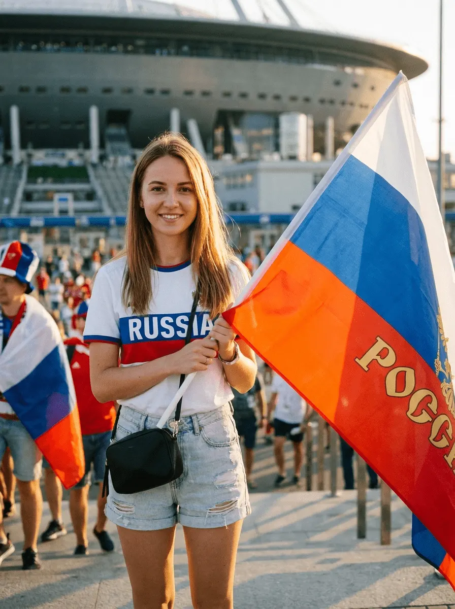 Промт фотосессия с вашим лицом на улице у стадиона с флагом России в стиле стрит‑фотографии фаната через ИИ