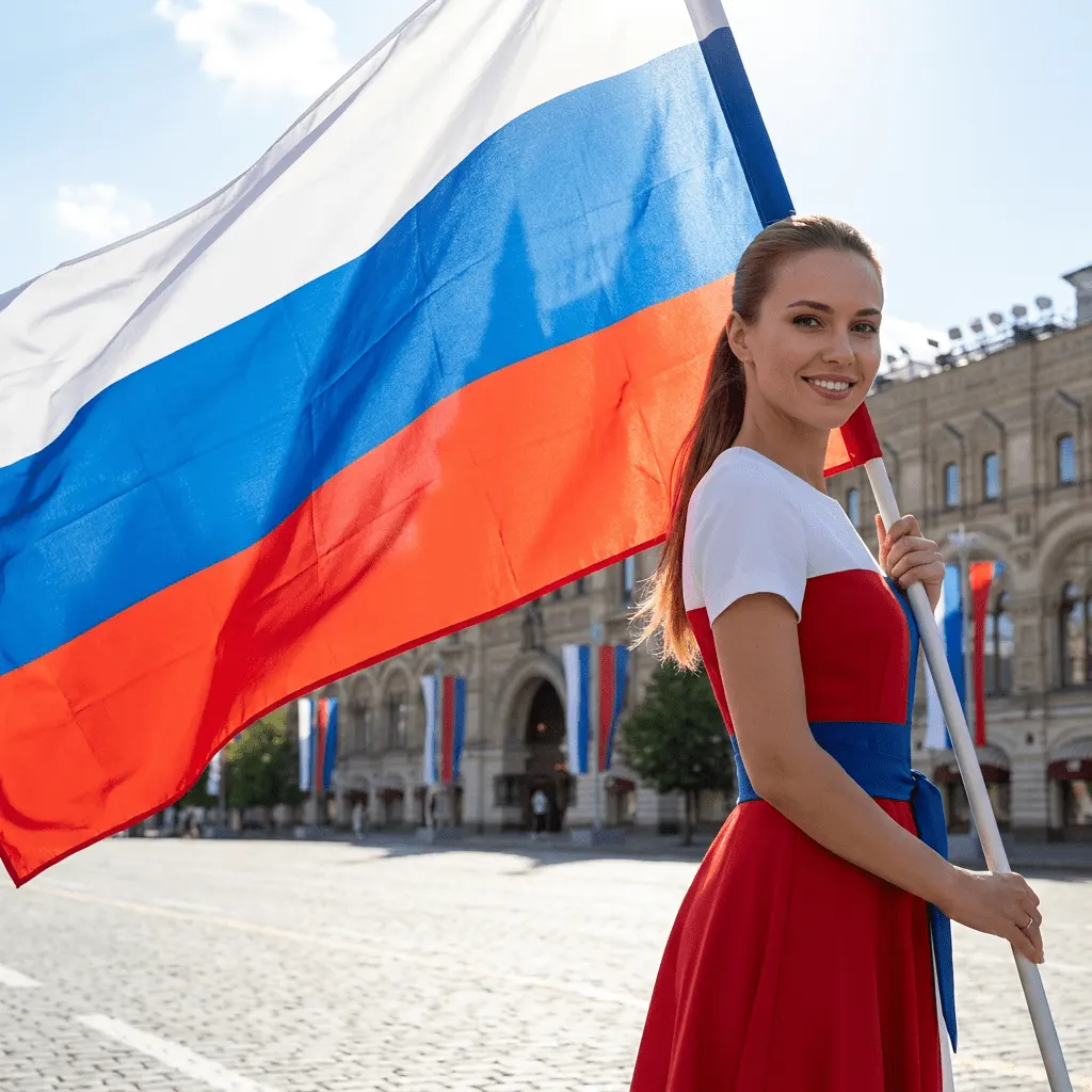 Промт фотосессия с вашим лицом на Красной площади с огромным флагом России в стиле спортивного репортажа через ИИ