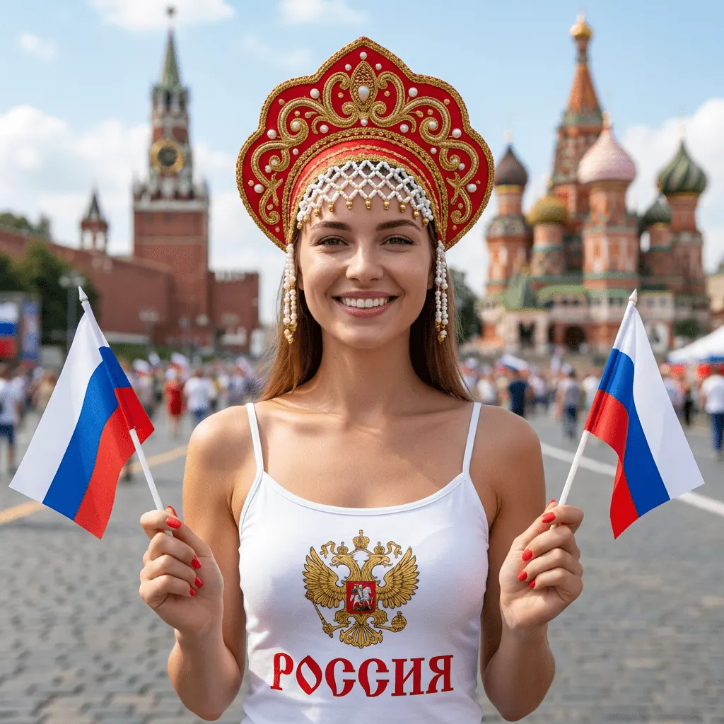 Промт фотосессия с вашим лицом на Красной площади с флагами России и гербом на майке ко Дню России через ИИ