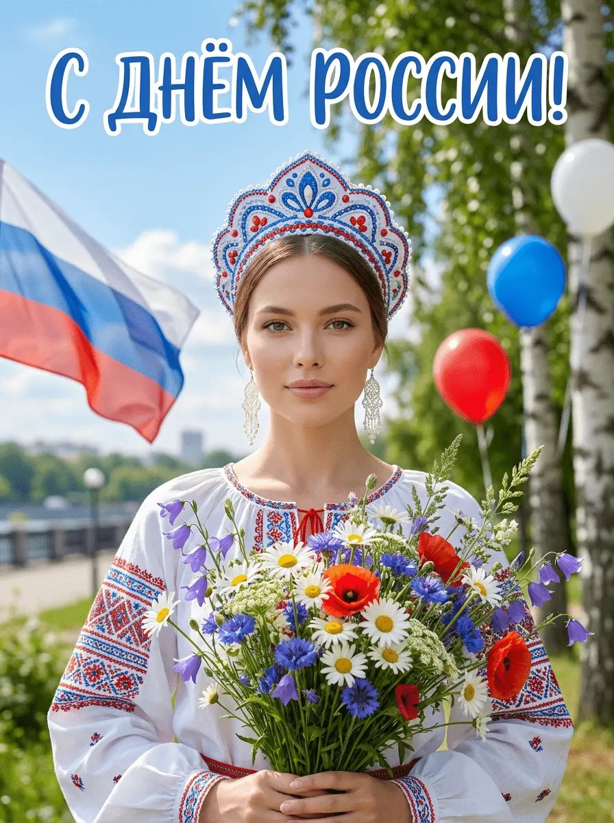 Промт фотосессия с вашим лицом на открытку ко Дню России в народном образе с букетом и флагом через ИИ