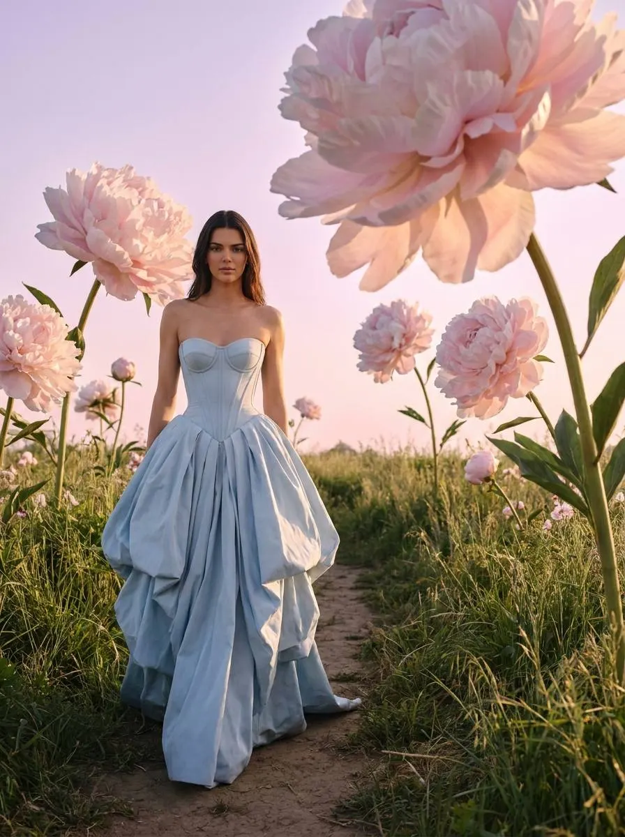 Промт: Вы в голубом couture платье среди гигантских пионов на закате — ИИ фотосессия