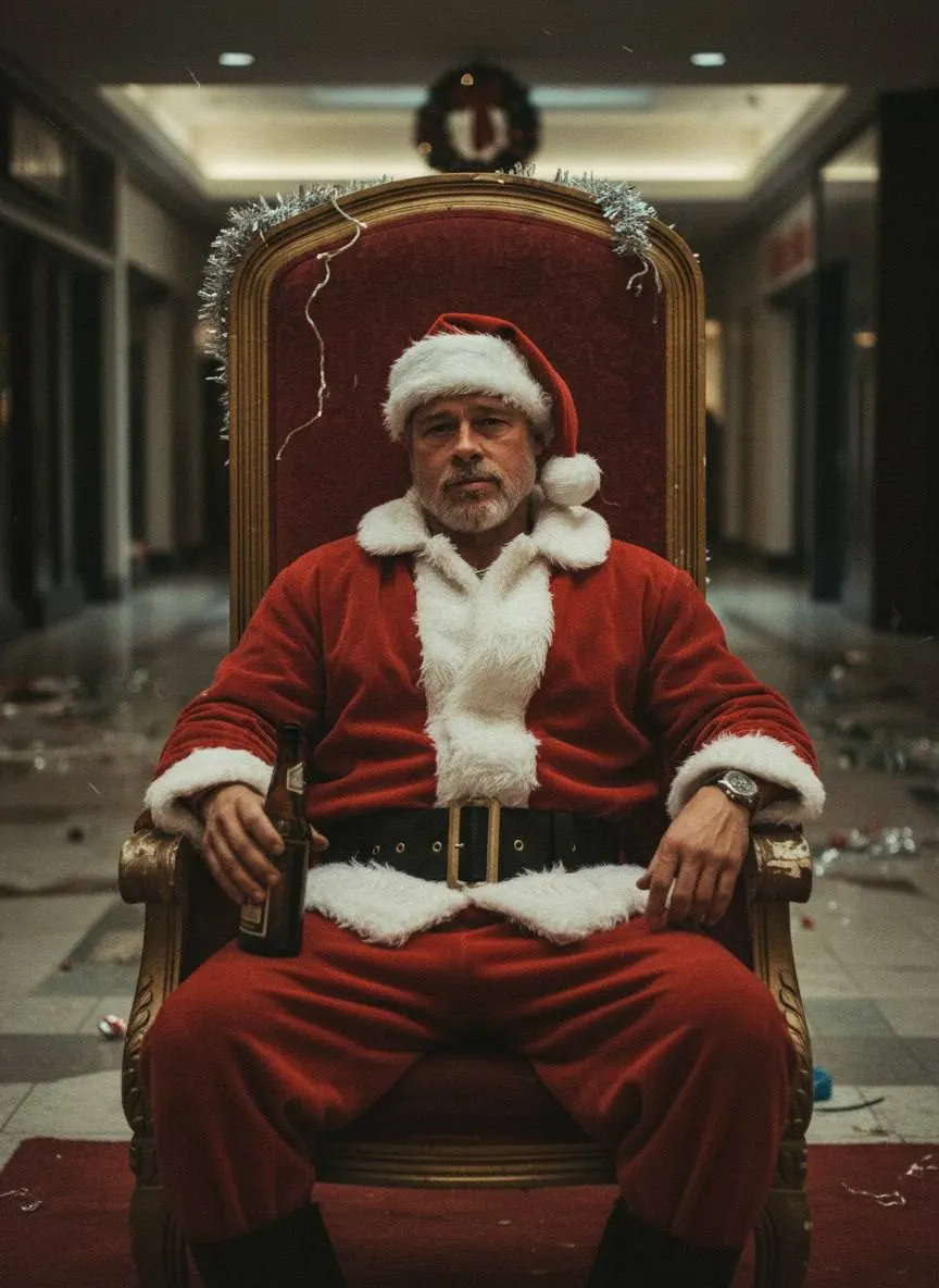 Фотосессия ИИ: мрачный Bad Santa в кресле в торговом центре